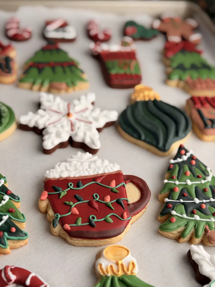 Christmas cookies with a hot cocoa mug, decorated trees, snowflake and ornament