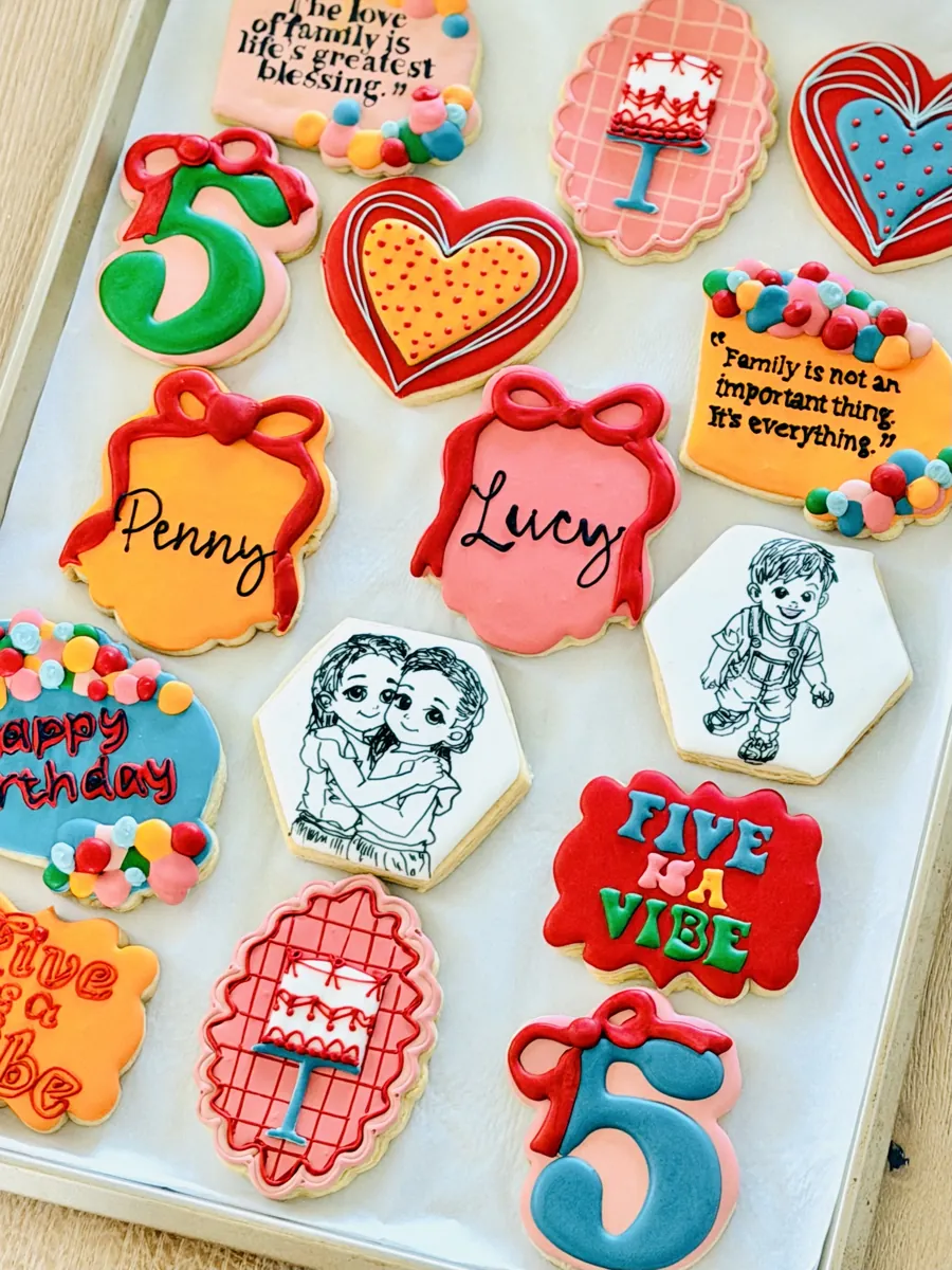 Retro Five is a Vibe fifth birthday cookies with hand-drawn portraits, number five and bow cookies